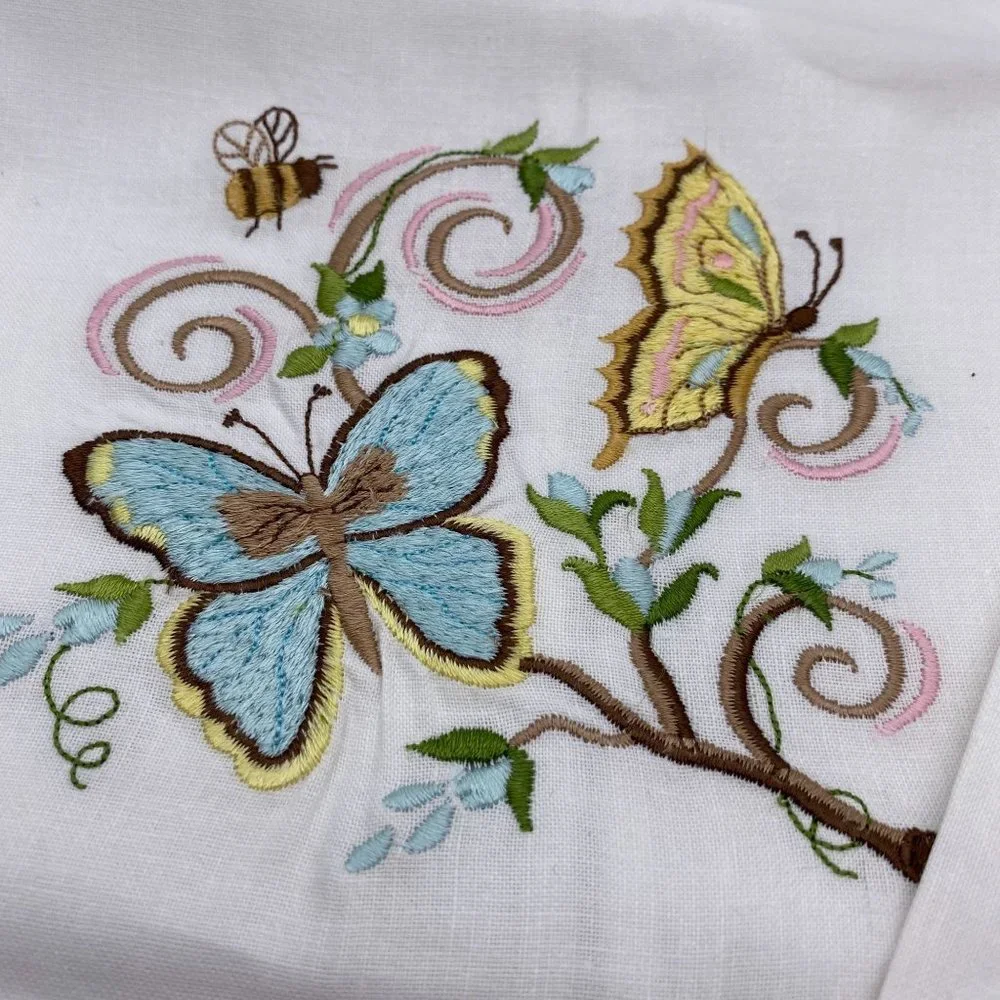 Kate McRostie cotton butterfly flroal embroidered tea towels white hydrangea new